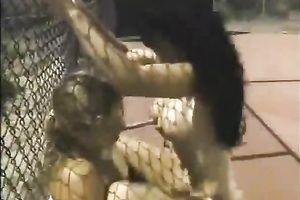 Attractive black-haired princess receives gangbanged on the tennis court