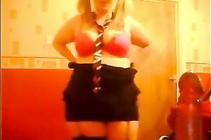 Teen chubby blondie sucks vibrator and then pens her cum-hole with it