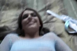 Filthy blond girlfriend in fishnet blouse sucks knob on her knees