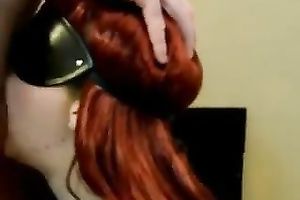 Red haired blindfolded submissive hottie was engulfing long weenie of my buddy