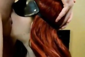 Red haired blindfolded submissive hottie was engulfing long weenie of my buddy
