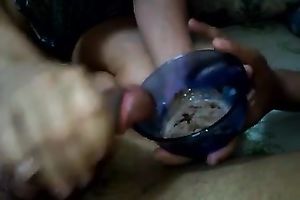 Kinky weird slut makes my buddy's cock cum on ice-cream to eat it