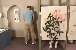 Naughty hot lean golden-haired college housewife blows penis in the public restroom