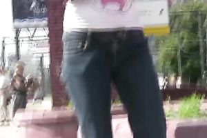 College dirty slut wife in taut jeans makes her pants moist in public