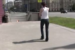 College dirty slut wife in taut jeans makes her pants moist in public