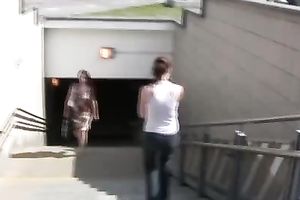 College dirty slut wife in taut jeans makes her pants moist in public