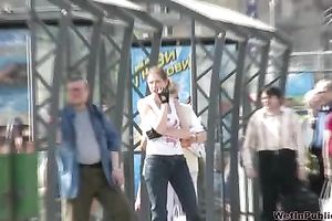 College dirty slut wife in taut jeans makes her pants moist in public