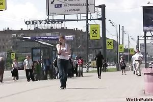 College dirty slut wife in taut jeans makes her pants moist in public