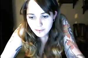 Two lubricious coeds with tattoos are fooling around in front of a webcam