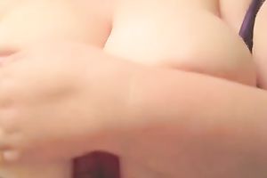 Kneading my large natural jugs and titfucking a marital-device