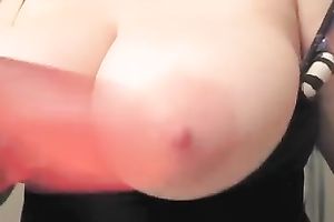 Kneading my large natural jugs and titfucking a marital-device