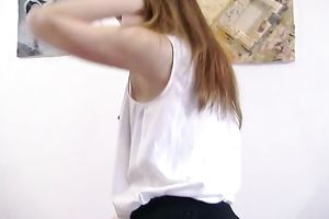 Amateur cutie in hose shows her natural titties and nice legs