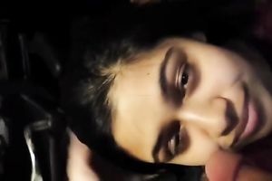 Dark haired hotwife in T-shirt worked on my weenie during the time that standing on her knees