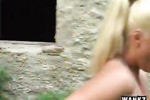 Rapacious European golden-haired playgirl masturbates outdoors