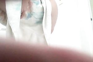 Sassy big beautiful woman housewife dries her chubby tits and hirsute cunt on hidden livecam