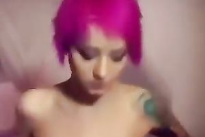 Purple haired juvenile white bimbo with large love muffins on webcam