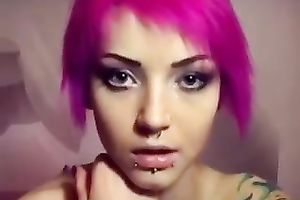 Purple haired juvenile white bimbo with large love muffins on webcam