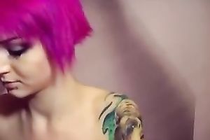 Purple haired juvenile white bimbo with large love muffins on webcam
