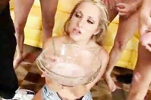 Fabulous blond cum eating doxy got served in blow job group-sex