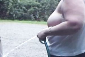 Mature bbw hotwife of mine washes my car flashing her large saggy breasts