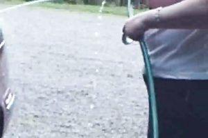 Mature bbw hotwife of mine washes my car flashing her large saggy breasts