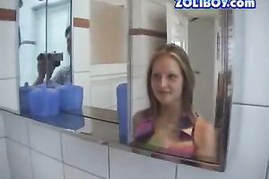 Nice svelte hawt blond sits on the bed with brunet stud