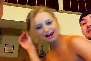 Adorable and impure golden-haired girlfriend shared for double penetration act