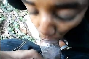 My whorish dark babe gives ardent head outdoors