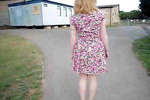My seductive pale skin BBC slut walks around the street in her cute summer dress