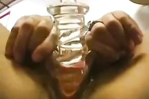 Damn voracious black haired nympho screwed her own wet crack with glass marital-device