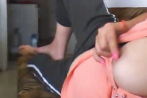 Buxom brunette hair bombshell showed me her large mangos on web camera