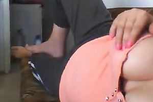 Buxom brunette hair bombshell showed me her large mangos on web camera