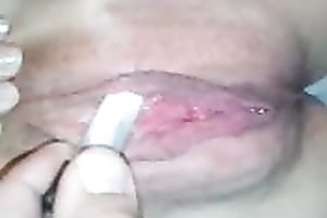 My buddy helped his own nasty slutwife to tickle her moist snatch a bit