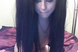 Perky black head playgirl pokes her constricted vagina with smooth sex toy on web camera