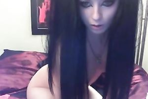 Perky black head playgirl pokes her constricted vagina with smooth sex toy on web camera
