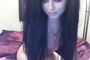 Perky black head playgirl pokes her constricted vagina with smooth sex toy on web camera