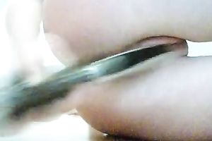 Pale skin blond girlfriend fucking herself with a hair brush