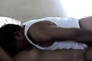 Amateur hubby in white tank top copulates his wifey's pussy missionary