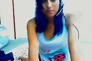 Tight dark brown livecam cutie in white top and bikini undies teases me