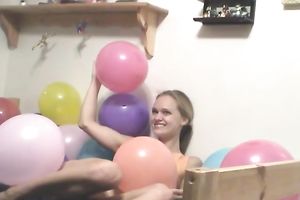 Nasty pigtailed floozy blows balloons totally nude