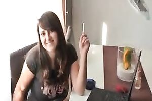 Hot dark brown girlfriend smokes and flashes her large mangos on webcam