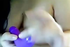 Dope large breasted non-professional brunette had a purple sex toy for her soaked love tunnel