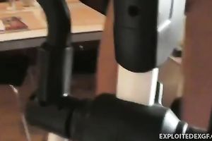 Hot brunette legal age teenager hottie in the home gym room undressed on cam