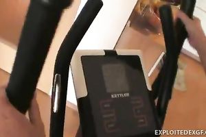 Hot brunette legal age teenager hottie in the home gym room undressed on cam