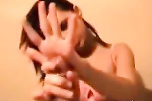 Fine dilettante legal age teenager girlfriend performs fleshly tugjob on POV movie scene