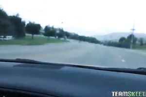 Sizzling golden-haired chick flashes her boobs after sucking dick