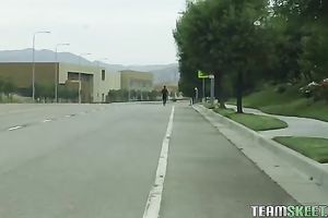 Sizzling golden-haired chick flashes her boobs after sucking dick