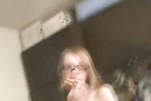 Ugly leggy slim golden-haired in glasses goes solo in her weirdly horny way