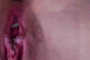 Closeup - diddling my wife's pink creamy bawdy cleft with large sex toy