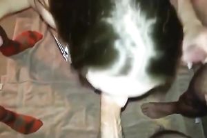 Dark haired pallid babe closed her eyes during the time that engulfing my friend's large pecker